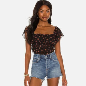Free People Intimately - Black Floral Julie Ruched Bodysuit - Extra Small - EUC!